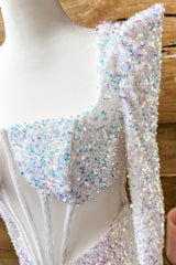 Iridescent White Sequins Long Sleeves Square Neck Corset Homecoming Dress outfit, Evening Dresses Elegant