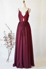 Magenta Chiffon V-Neck Spaghetti Straps Long Corset Bridesmaid Dress outfit, Homecoming Dresses Business Casual Outfits