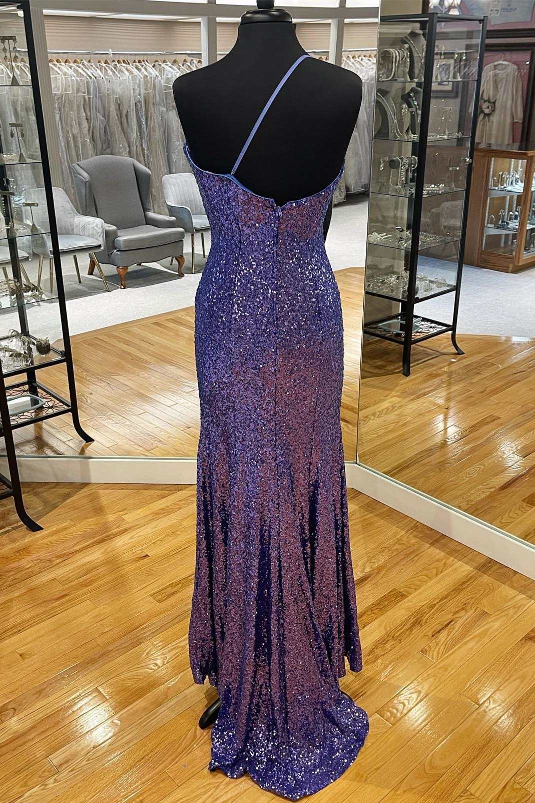 Dark Purple Sequin One-Shoulder Long Corset Prom Dress with Slit Gowns, Party Dresses Shops