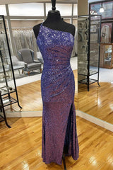 Dark Purple Sequin One-Shoulder Long Corset Prom Dress with Slit Gowns, Party Dresses Shopping