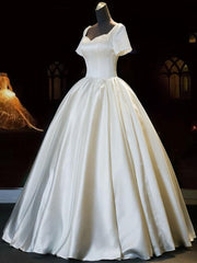 White Sweetheart Satin Long Bridal Dress, White Corset Wedding Dress outfit, Wedding Dress Boutique