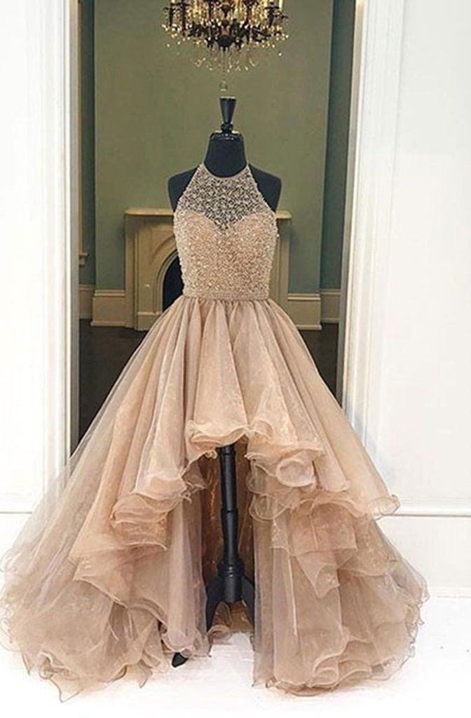 2024 Halter Beaded High Low Organza Champagne Corset Prom Dresses outfit, Flower Girl