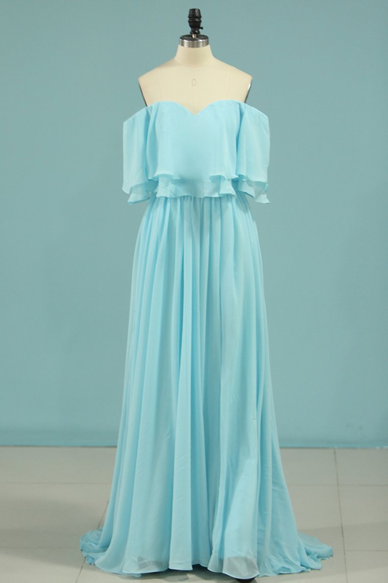 Off the Shoulder Blue Flounce Chiffon Long Corset Bridesmaid Dress outfit, Prom Dress With Shorts