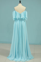 Off the Shoulder Blue Flounce Chiffon Long Corset Bridesmaid Dress outfit, Prom Dresses For Adults