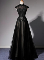 Elegant High Neckline Black Evening Dress, Tulle With Lace Applique Corset Prom Dress outfits, Trendy Dress Outfit