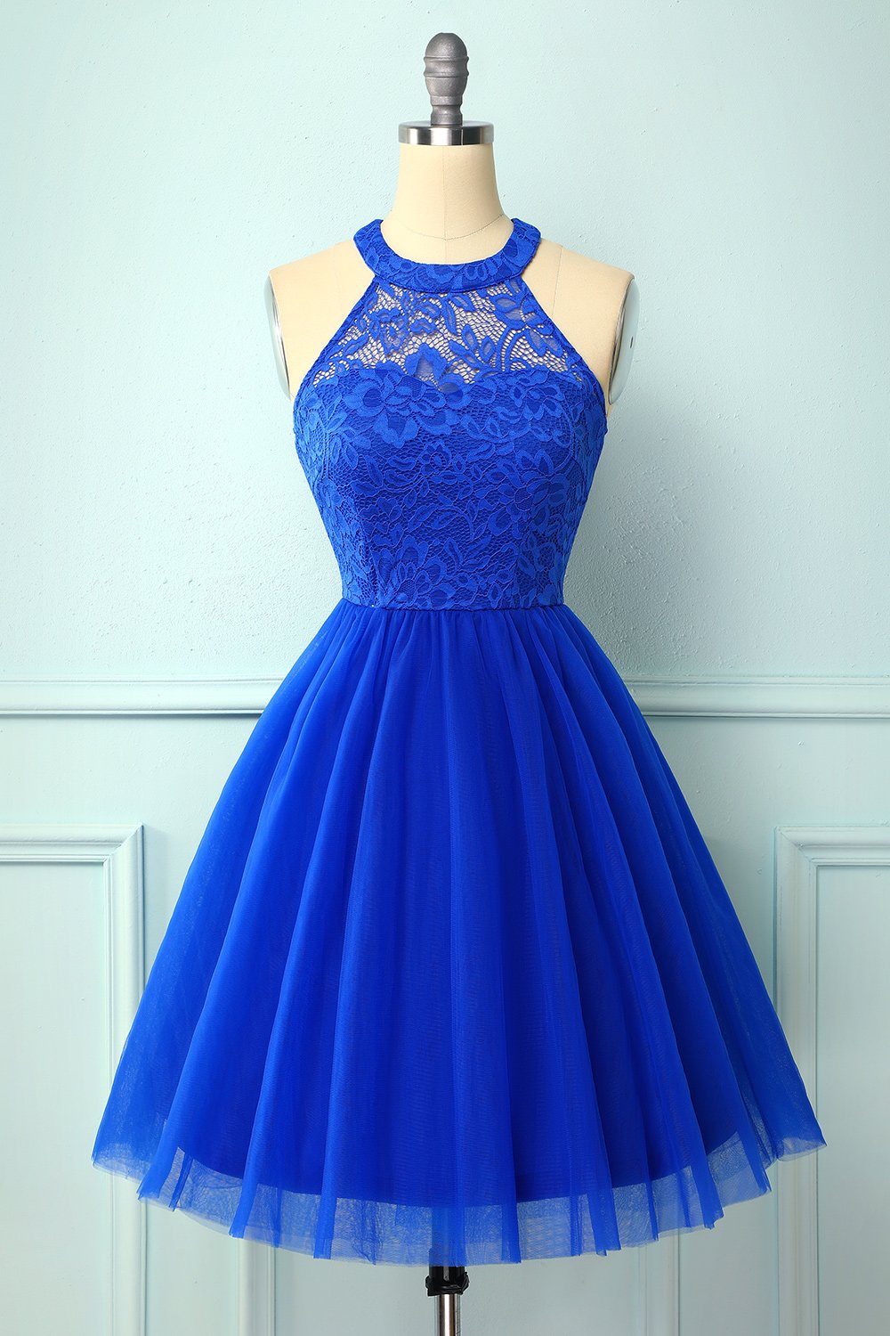 Halter Royal Blue Lace Dress outfit, Homecomming Dress Black
