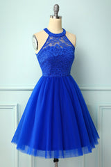 Halter Royal Blue Lace Dress outfit, Homecomeing Dresses Black