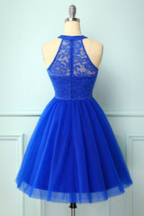 Halter Royal Blue Lace Dress outfit, Homecoming Dress Black