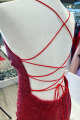 Red Sequin Lace-Up Back Mermaid Long Corset Prom Dress with Slit Gowns, Silk Wedding Dress