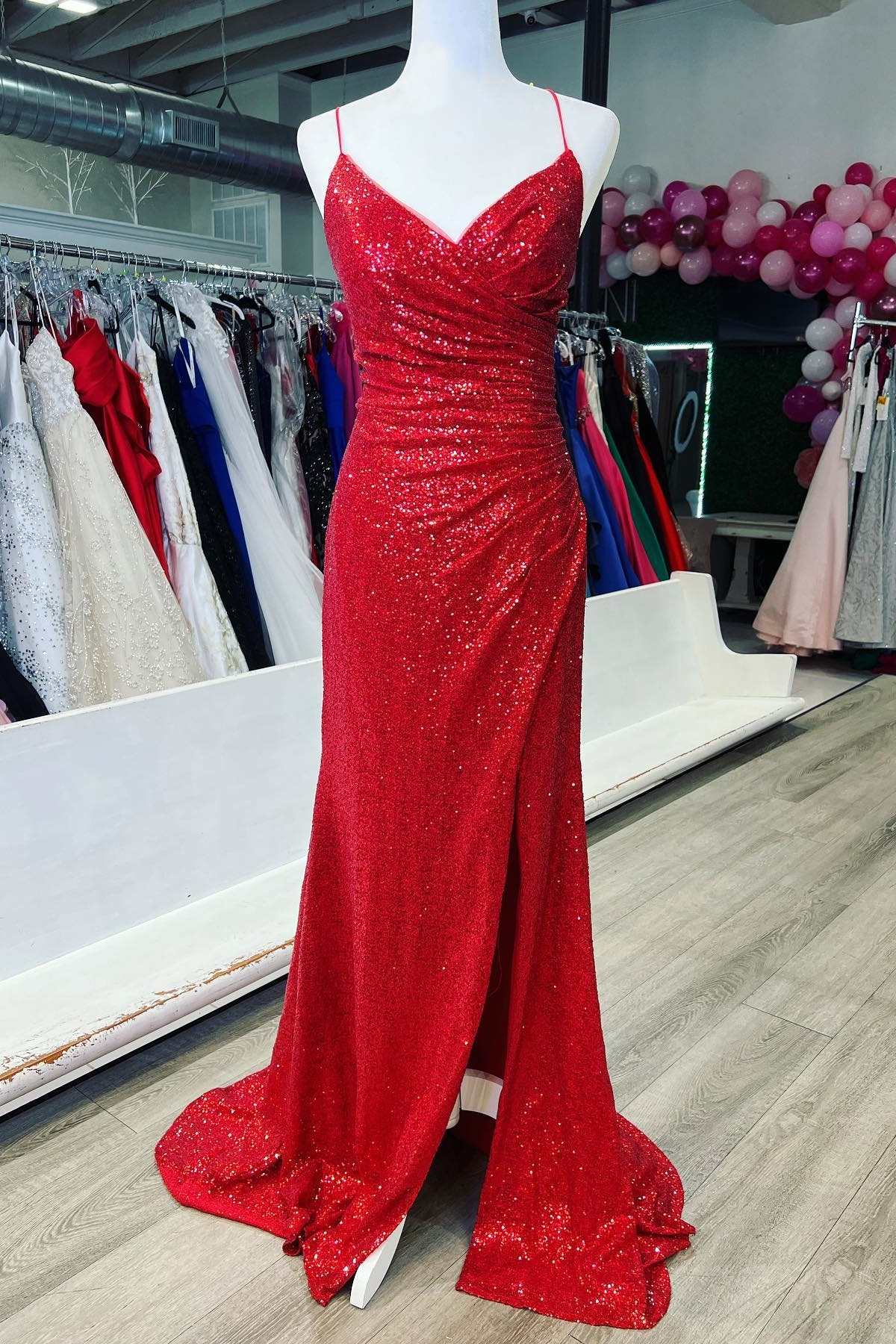 Red Sequin Lace-Up Back Mermaid Long Corset Prom Dress with Slit Gowns, Prom Shoes