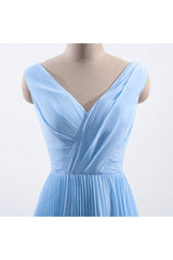 Blue Pleated A-line Chiffon Long Corset Bridesmaid Dress outfit, Bridesmaids Dresses Cheap