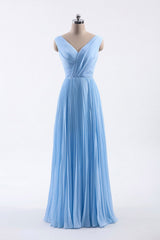 Blue Pleated A-line Chiffon Long Corset Bridesmaid Dress outfit, Bridesmaids Dresses Affordable