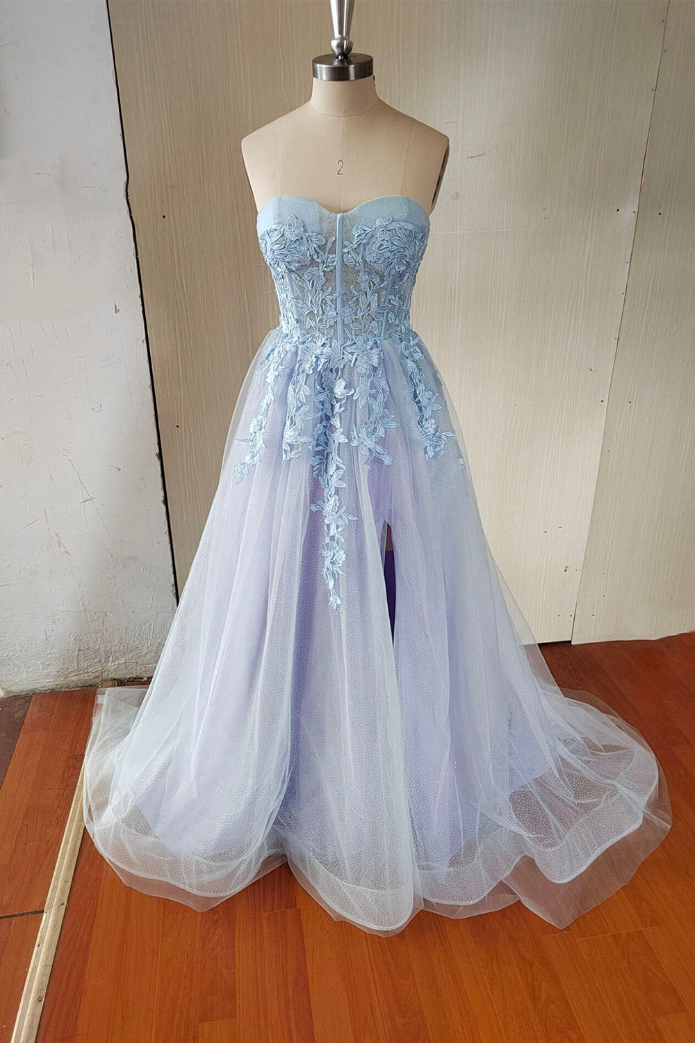 Blue Strapless Lace Long A-Line Corset Prom Dress, Blue Evening Party Dress Outfits, Party Dresses 2042