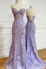 Purple Lace Long Corset Prom Dresses, Mermaid Strapless Evening Dresses outfit, Bridesmaids Dress Floral