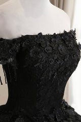Black Tulle Lace Off the Shoulder Corset Prom Dress, Black A-Line Evening Dress outfit, Bridesmaids Dress Styles Long