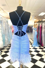 Light Blue Lace-Up Sheath Corset Homecoming Dress with Feathers outfit, Homecoming Dresses For Girls