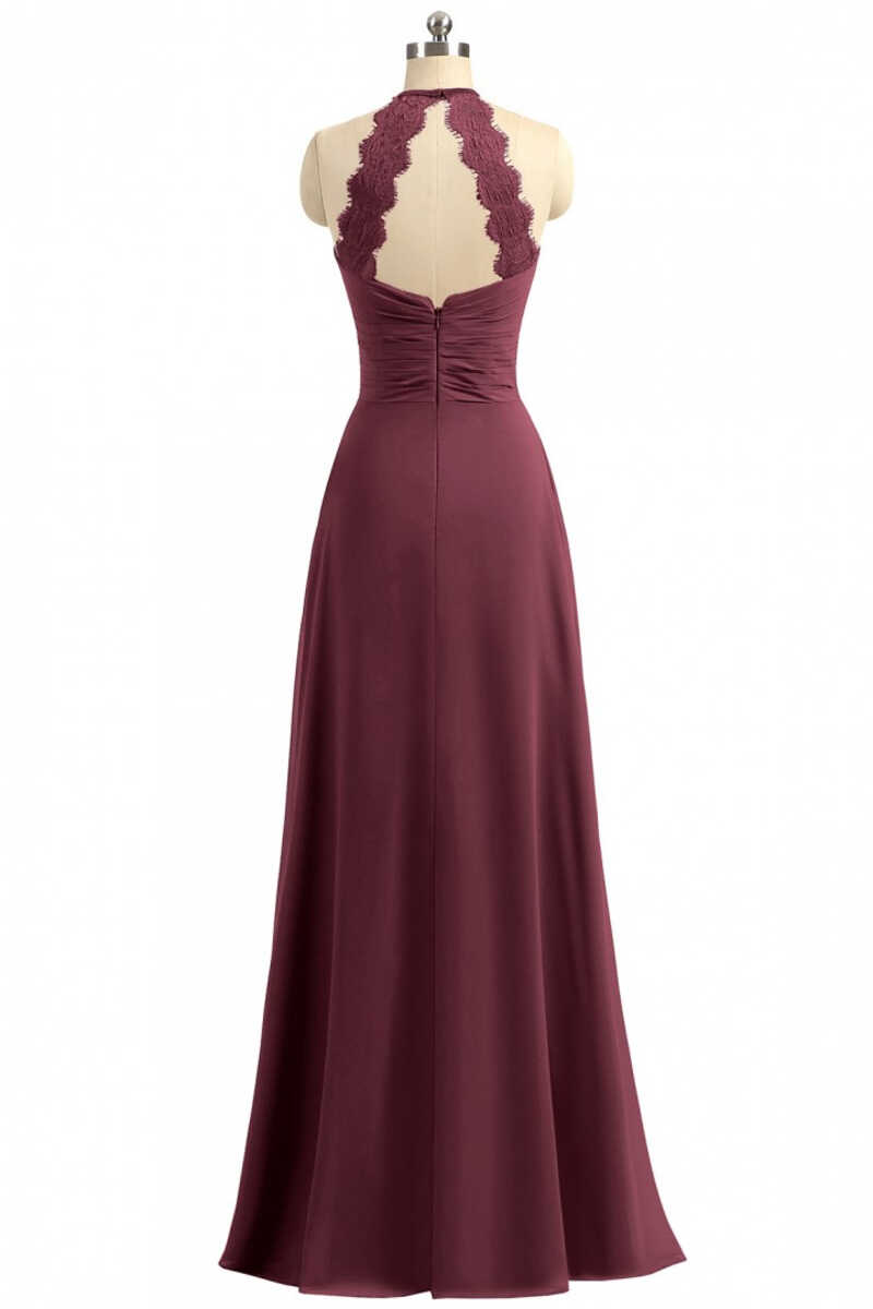 Burgundy Chiffon Halter Long Corset Bridesmaid Dress with Lace Strap outfit, Bridesmaid Dress With Sleeves