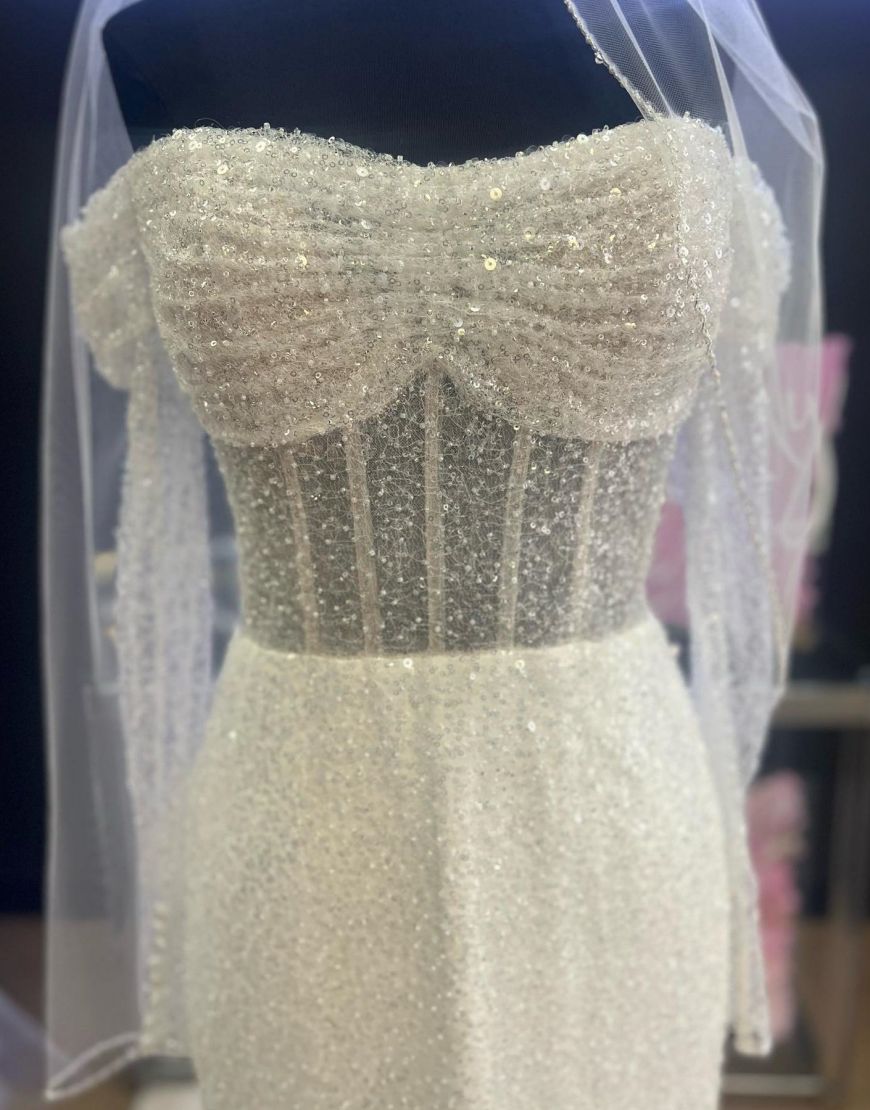 Sheath-Column Off The Shoulder Corset Wedding Dress With Sequin Gowns, Wedding Dress Flower