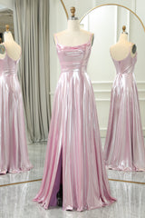 Sparkly Pink A-Line Spaghetti Straps Long Corset Prom Dress With Slit Gowns, Prom Dresses 2044 Ball Gown