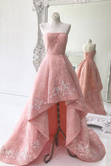 Charming Modest Pink A Line High Low Strapless Zipper Back Corset Prom Dresses outfit, Bridesmaids Dress Blush