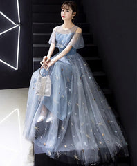 Blue Round Neck Tulle Long Corset Prom Dress, Blue Tulle Evening Dress, 1 Gowns, Prom Dress Shop Near Me