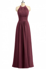 Burgundy Chiffon Halter Long Corset Bridesmaid Dress with Lace Strap outfit, Bridesmaid Dresses Long Sleeves