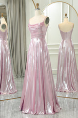 Sparkly Pink A-Line Spaghetti Straps Long Corset Prom Dress With Slit Gowns, Prom Dressed Black