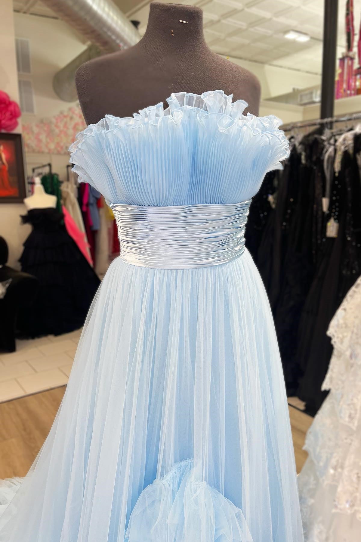 Sky Blue Strapless Ruffled Empire Tulle Long Corset Prom Dress outfits, Formal Dress Summer