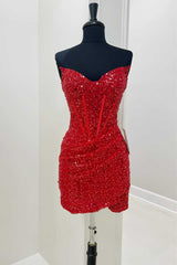 Red Sequin Strapless Mini Corset Homecoming Dress outfit, White Wedding