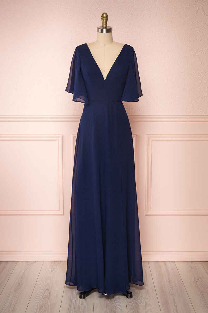 Navy Blue Chiffon V-Neck Ruffled Sleeve Long Corset Bridesmaid Dress outfit, Prom Dress Colors