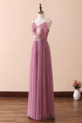 Dusty Purple Sequin Spaghetti Straps A-Line Long Corset Bridesmaid Dress outfit, Party Dress Spring