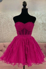 Fuchsia Strapless Tulle Ruffles A-line Corset Homecoming Dress outfit, Formal Dress Black