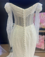 Sheath-Column Off The Shoulder Corset Wedding Dress With Sequin Gowns, Wedding Dress Flowers