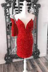 Red Sequin Strapless Short Corset Homecoming Dress outfit, Dusty Blue Bridesmaid Dress