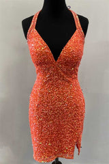 Orange Sequin Halter Fringe Short Corset Homecoming Dress outfit, Prom Dresses For Curvy Figure