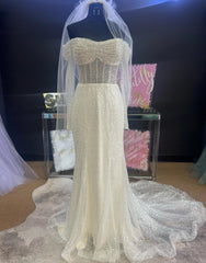 Sheath-Column Off The Shoulder Corset Wedding Dress With Sequin Gowns, Wedding Dresses Flower