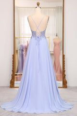 Lavender A Line Lace Up Long Corset Prom Dress With Appliques Gowns, Evening Dress Knee Length