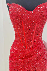 Red Sequin Strapless Mini Corset Homecoming Dress outfit, Autumn Wedding