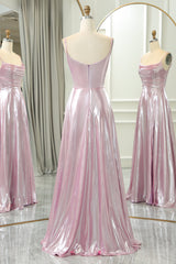 Sparkly Pink A-Line Spaghetti Straps Long Corset Prom Dress With Slit Gowns, Prom Dress Black