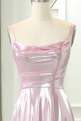 Sparkly Pink A-Line Spaghetti Straps Long Corset Prom Dress With Slit Gowns, Prom Dresses 2043 Short