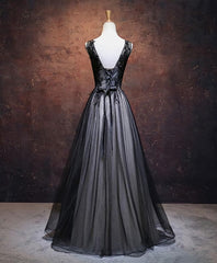 Black V Neck Tulle Lace Applique Long Corset Prom Dress, Black Evening Dress, 1 Gowns, Prom Dress Inspo