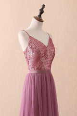 Dusty Purple Sequin Spaghetti Straps A-Line Long Corset Bridesmaid Dress outfit, Party Dressed Short