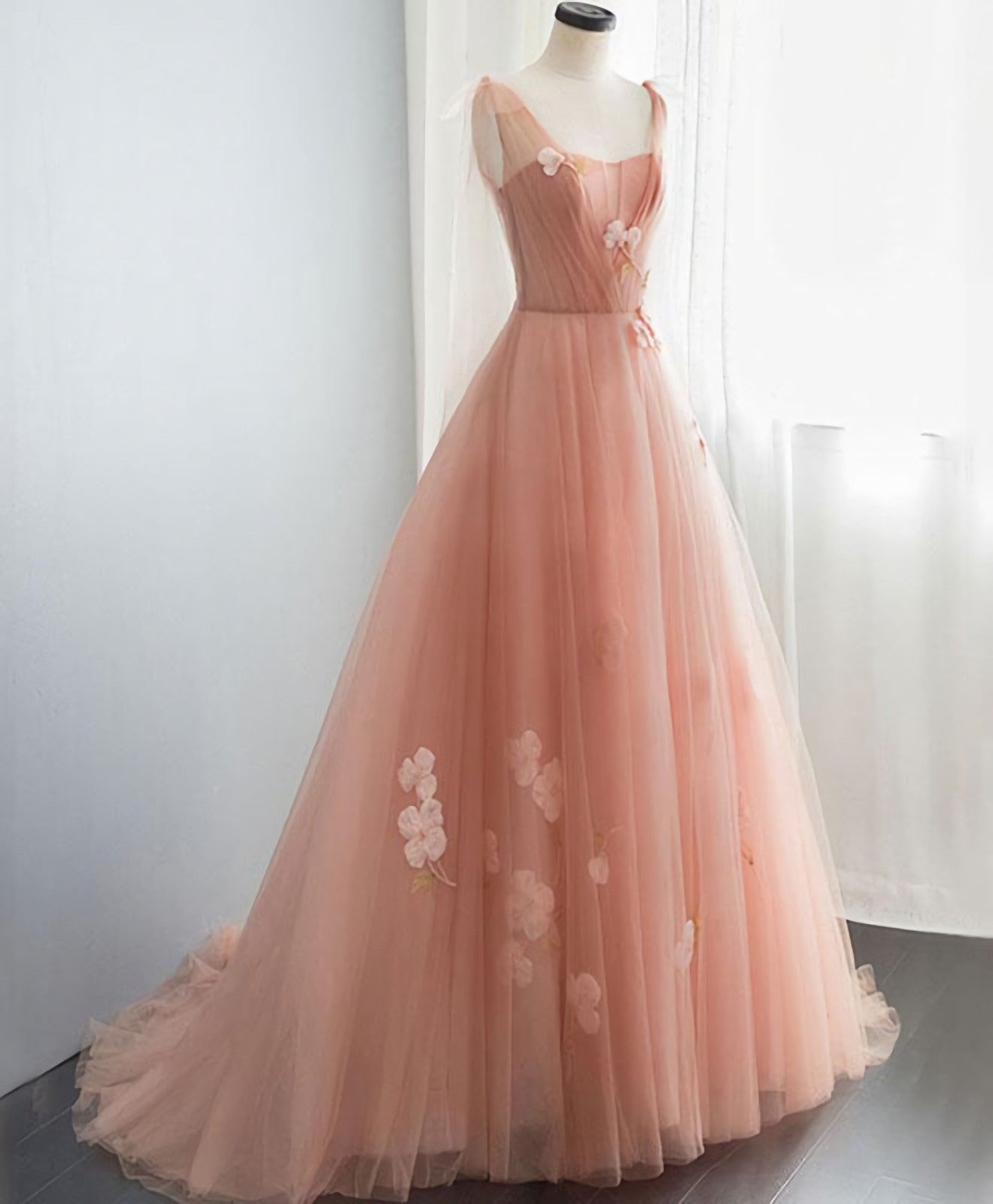Pink V Neck Tulle Long Corset Prom Dress, Tulle Evening Dress outfit, Homecoming Dresses Simple