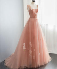 Pink V Neck Tulle Long Corset Prom Dress, Tulle Evening Dress outfit, Homecoming Dresses Simple