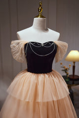 Champagne Off The Shoulder Evening Gown A Line Tulle Long Corset Prom Dresses outfit, Bridesmaids Dresses Chiffon