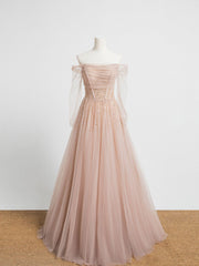 Champagne Pink Tulle Beads Long Corset Prom Dress, Champagne Evening Dress outfit, Formal Dress For Teens