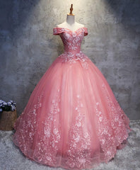 Pink Tulle Lace Off Shoulder Long Corset Prom Dress, Pink Tulle Evening Dress, 1 Gowns, Homecomming Dresses Cute