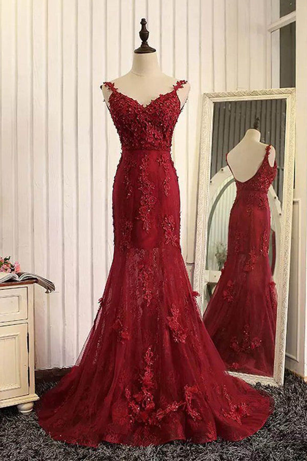 Burgundy Trumpet Sweep Train V Neck Mid Back Appliques Beading Long Corset Prom Dresses outfit, Bridesmaid Dress For Girls