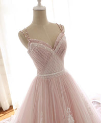 Pink Sweetheart Lace Tulle Long Corset Prom Dress, Lace Pink Evening Dress outfit, Homecoming Dresses Styles