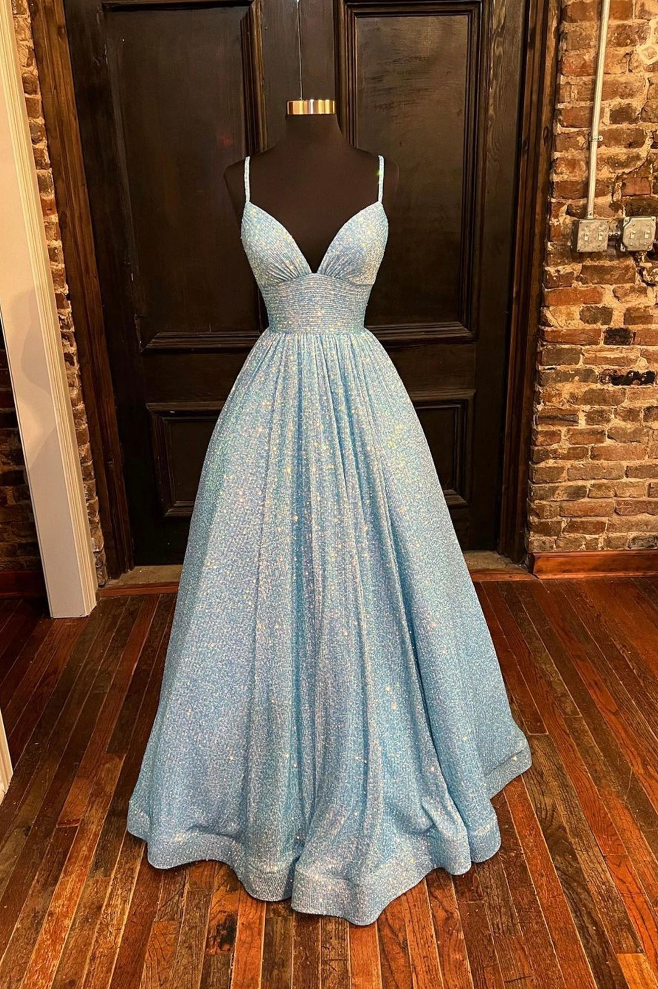 Blue V-Neck Sequins Long Corset Prom Dresses, A-Line Evening Dresses outfit, Graduation Outfit